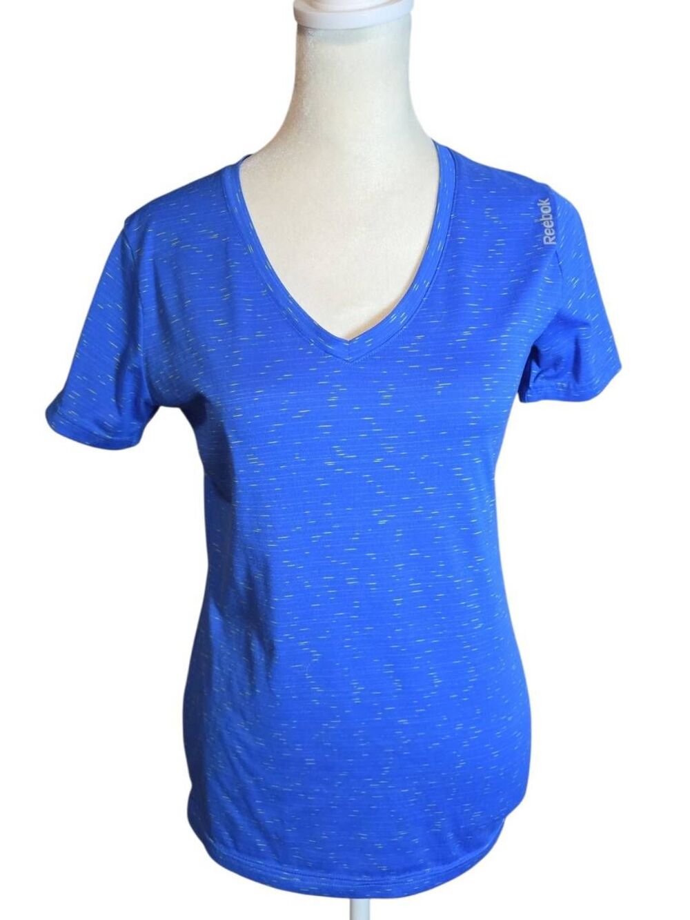 Reebok Blue Space Dye V-Neck Athletic Top Short Sleeve Performance Shirt S